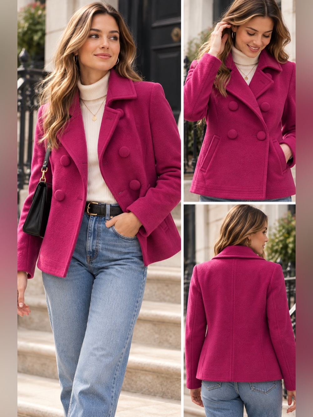 Peter Nygard Fuchsia Pea Coat Double-Breasted Jacket